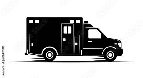 ambulance silhouette, emergency vehicle, medical transport, black and white, side view, fast speed, simple design, healthcare, aid, rescue
