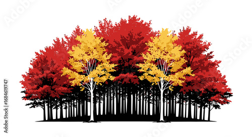 autumn trees, red and gold forest, fall foliage, nature scene, seasonal landscape illustration