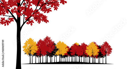 autumn trees, red and gold leaves, forest, fall season, nature illustration, majestic foliage, vibrant colors, seasonal landscape, simple design, graphic illustration