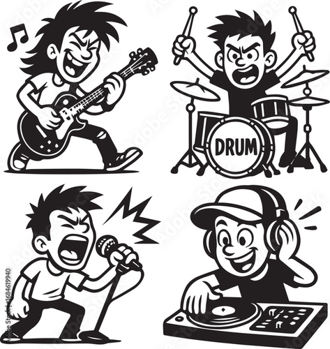 Energetic Music Performers Collection - Live Show, Concert, Black & White Illustration