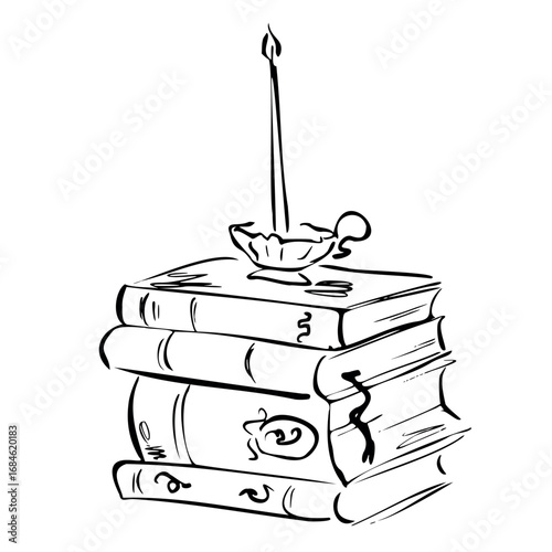 Stack of vintage books with burning candle on top. Vector illustration in quickly sketch line art style. Book lover. Perfect for romantic literature projects, stationery, posters, prints, invitations