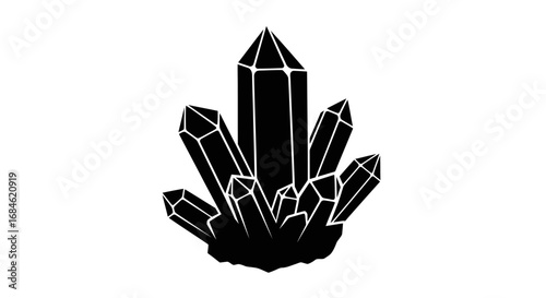 black crystal cluster, geometric minerals, sharp silhouette, mystical rock illustration, energy, power, spiritual, wicca, gothic, elegant, premium