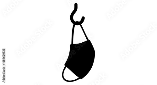 black face mask hanging on hook, simple design, safety, protection, prevention, healthcare, minimalist style, medical, hygiene
