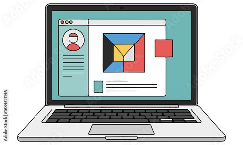 A hand-drawn vector illustration of a laptop screen displaying a social media profile page with a post of a colorful, abstract geometric logo or puzzle design.