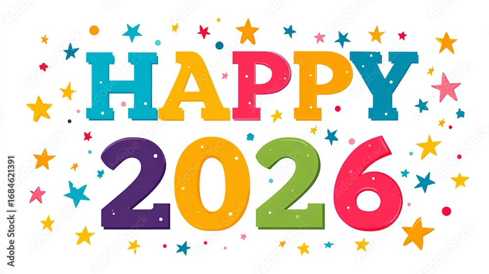 Fototapeta premium Colorful Happy 2026 Celebration Design with Stars