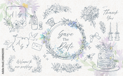 Hand-drawn minimal botanical line art frame set for wedding invitations, cards, and logo design. Vector files. Wedding clipart collection. Watercolor floral illustrations.