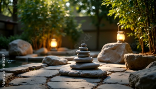 Serene Garden Oasis with Balanced Stone Arrangement
