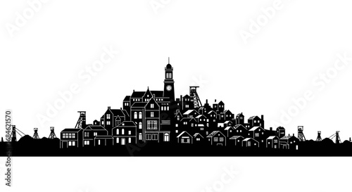 black silhouette cityscape mining town, industrial architecture, historic buildings