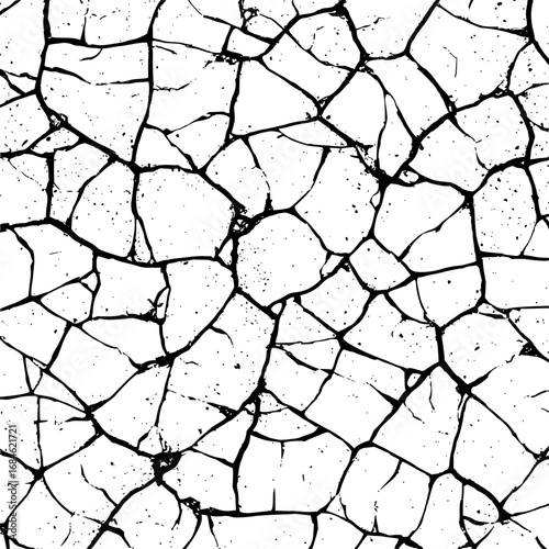 A detailed view of a cracked surface with black lines and small dots on a white background texture design