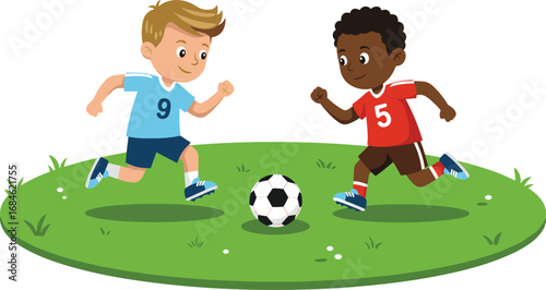 Cartoon boys playing soccer on green field, kids running for football match, outdoor sports activity for children in summer.