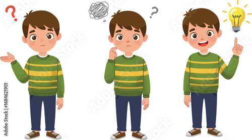 Cartoon Boy Thinking Process – Confused, Contemplating, and Idea Expressions with Question Mark, Scribble Cloud, and Light Bulb Icons