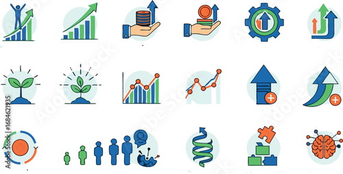 Dynamic business growth icons showing upward trends charts investment success and innovation concepts