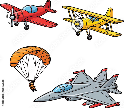 Cartoon Illustrations of Airplanes, Fighter Jet, Biplane, and Paraglider for Aviation and Education Design

