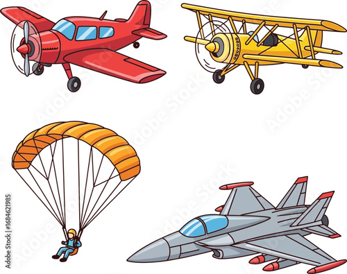 Cartoon Illustrations of Airplanes, Fighter Jet, Biplane, and Paraglider for Aviation and Education Design

