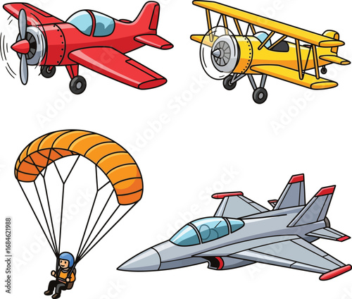 Cartoon Illustrations of Airplanes, Fighter Jet, Biplane, and Paraglider for Aviation and Education Design

