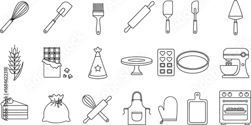 Baking tools and ingredients vector outline illustration set