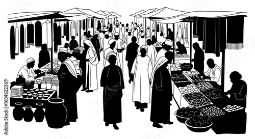 busy marketplace illustration, black and white silhouettes, vendors and shoppers, middle eastern market, cultural scene, traditional trade, commerce