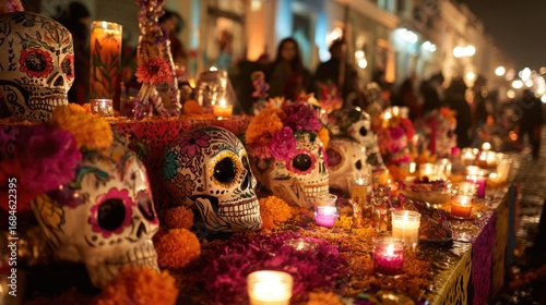 Day of the Dead altar with decorated skulls and marigolds in Oaxaca Mexico