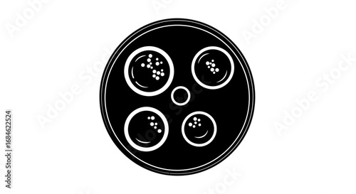 circular tray with four food portions top view, black and white illustration, simple design, minimalist style, culinary theme