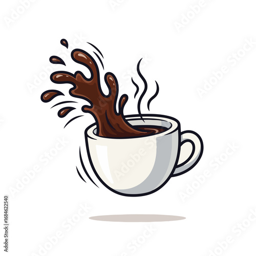 Cartoon illustration of coffee spilling dramatically from a white mug, showing motion.