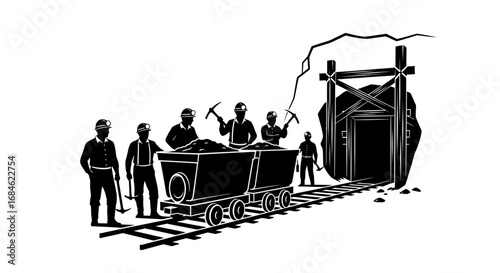coal mine workers with pickaxes and mine cart silhouette illustration