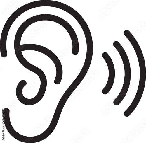 Simple black line art of an ear listening to sound waves