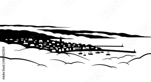 coastal town seascape, black and white minimalist illustration, boats, harbor, sea, cliff