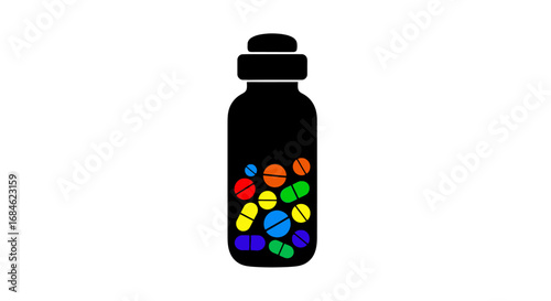 colorful pills in bottle, medicine, pharmacy, healthcare, rainbow capsules, medication, treatment, drugs, wellness