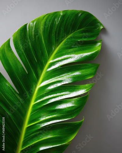 Lush Green Leaf with Water Droplets on a Gray Background