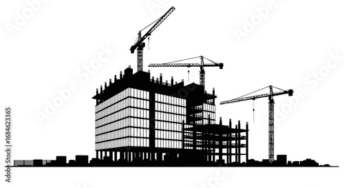 construction site silhouette cranes and building under construction