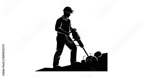 construction worker demolition jackhammer rocks silhouette