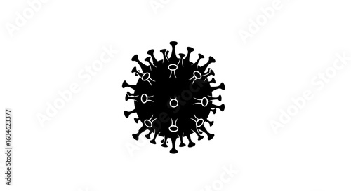 coronavirus icon, virus cell, covid19 particle, medical illustration, black silhouette, pandemic symbol, infection, disease, microbiology, healthcare