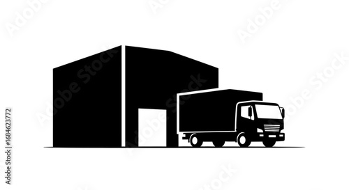 delivery truck at warehouse loading dock, logistics, transportation icon