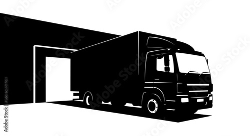 delivery truck loading dock silhouette, transportation, logistics, shipping, cargo, freight, warehouse, distribution center, black and white, simple graphic