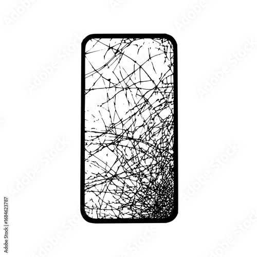 Illustration of a smartphone with a shattered screen displaying multiple cracks across the display surface