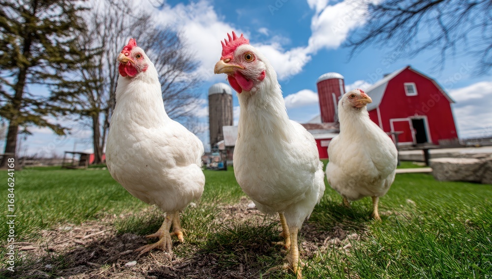 Fototapeta premium Three white chickens in a grassy field, with a red barn and silo in the background