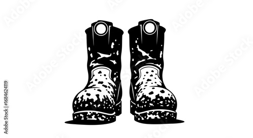 dirty work boots, mud splatter, rugged footwear, black and white illustration, western style boots, tough boots