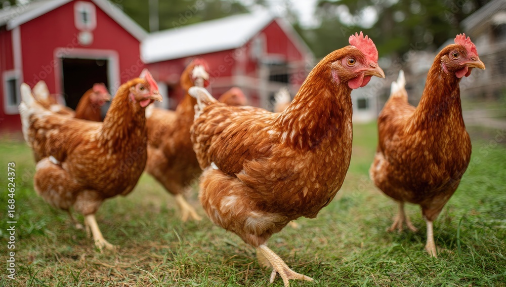 Fototapeta premium Hens foraging in a grassy field near red barns