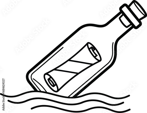 Message in a bottle drawing vector illustration black outline