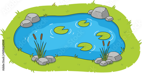 Cartoon pond with lily pads, cattails, rocks and grass, calm water ripples in nature scene, vector ecosystem illustration