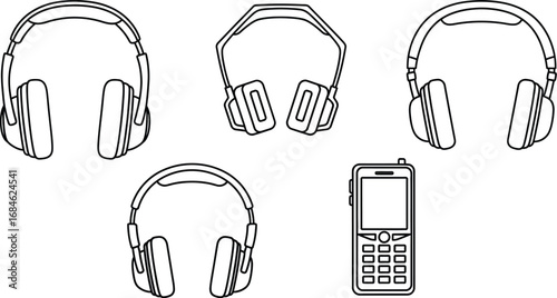 Headphones and phone vector illustration line art design set