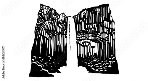 dramatic black and white illustration of svartifoss waterfall in iceland