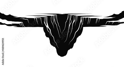 dramatic cliffside illustration black and white landscape, steep cliffs, deep gorge, nature scene, intense view