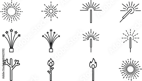 Vector sparkler fireworks and match icons set line art design