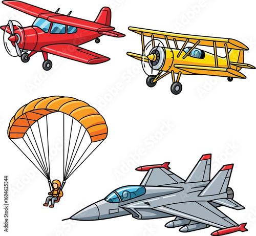 Cartoon Illustrations of Airplanes, Fighter Jet, Biplane, and Paraglider for Aviation and Education Design


