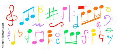 Crayon pastel or chalk music note signs doodle hand drawn symbol shapes set. Chalkboard textured musical symbols treble, bass clefs, pauses doodle collection.