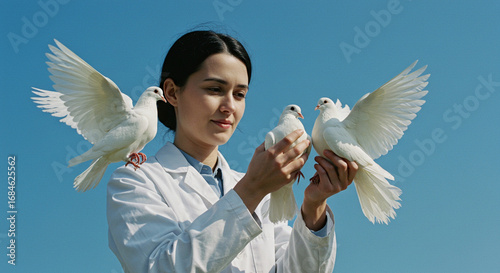 Woman with White Doves Against Blue Sky