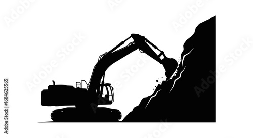 excavator digging hillside, heavy machinery silhouette, construction, demolition, earthmoving, powerful, industrial, mining, excavation, landscape, steep slope, digging, trench, black and white