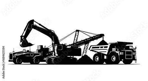 excavator loading dump truck, mining, industry, heavy machinery, construction, silhouette, , equipment, powerful, industrial, mining equipment, quarry, extraction, transport, logistics