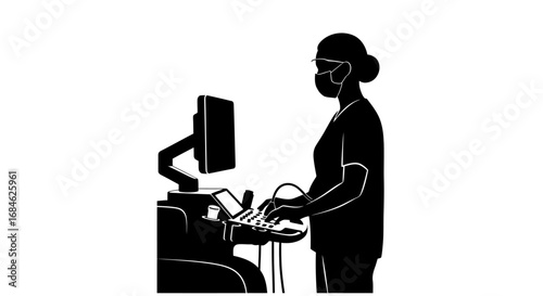 female doctor using ultrasound machine, medical sonography, healthcare, silhouette, diagnostic, technology